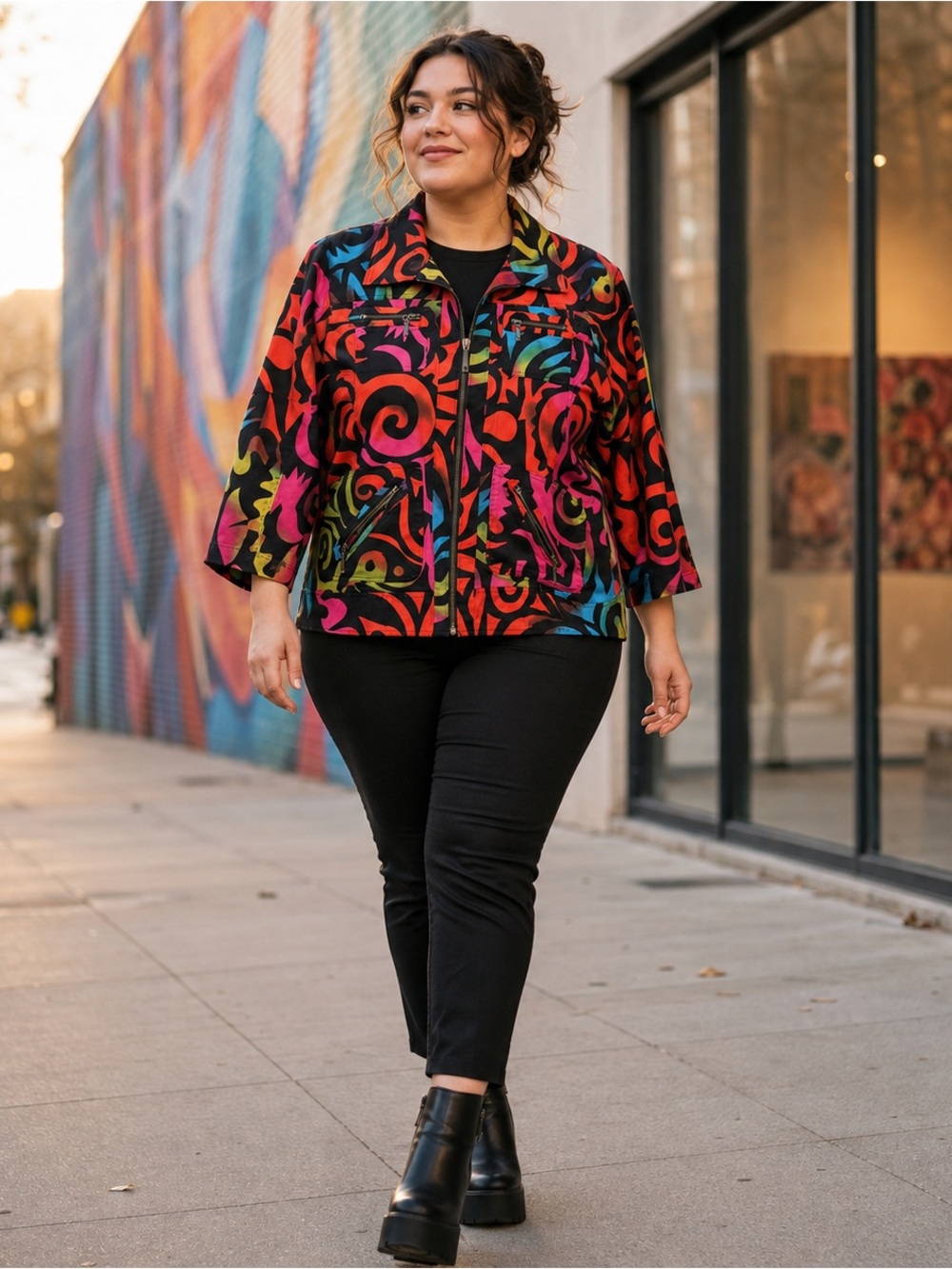 Multiples Women’s XL Multicolor Abstract Print Zip Utility Jacket Artsy